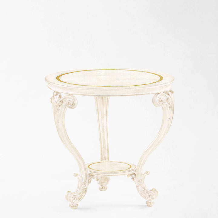 White table with antique white and gold leaf finish, handcrafted wood side table, made in Italy, 28.5 inches diameter and height.