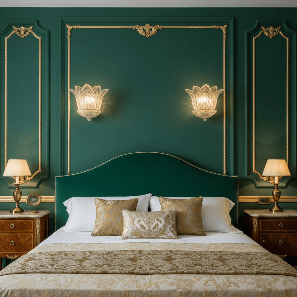 Luxurious bedroom with green walls, wall scgold accents, and a bed with decorative pillows., 