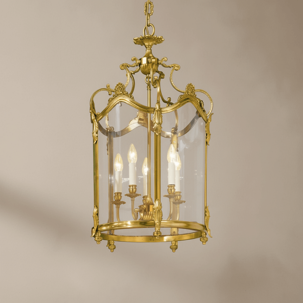 Decorative brass lantern with glass panels on a beige background