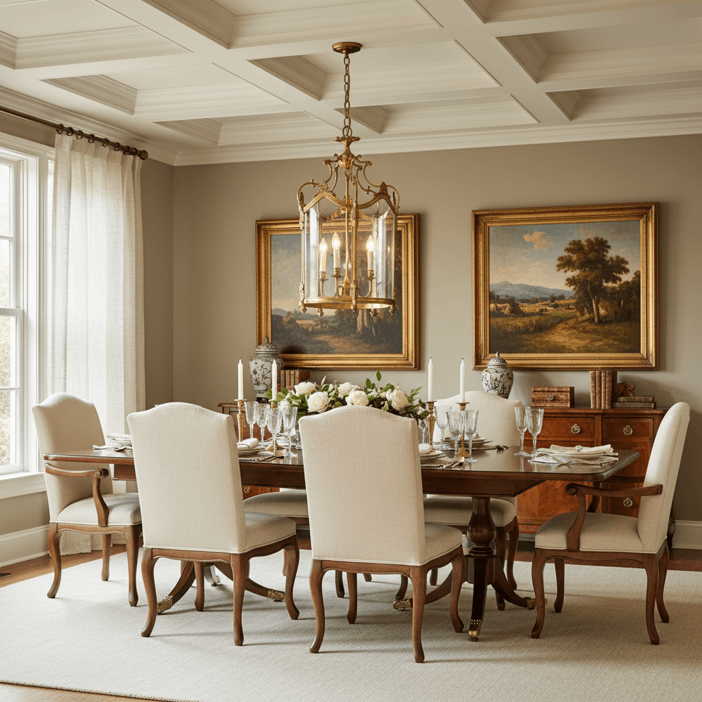 Chandelier in elegant dining room with wooden table, white chairs, and classical paintings on the wall.