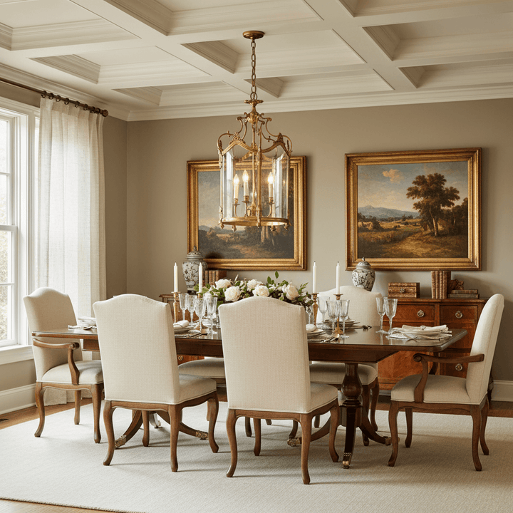 Chandelier in elegant dining room with wooden table, white chairs, and classical paintings on the wall.