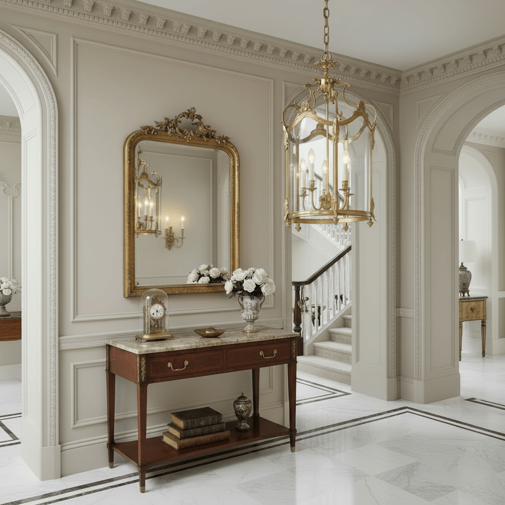 Luxurious interior with brass chandelier, ornate mirror, console table, and chandelier.