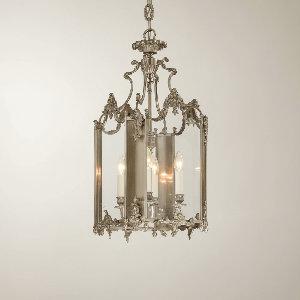 Decorative chandelier with intricate design on a plain background