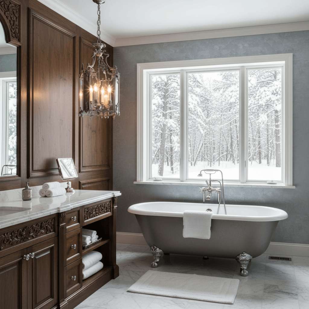 Luxurious bathroom with silver chandelier,  freestanding bathtub, wooden vanity, and large window showing snowy landscape.