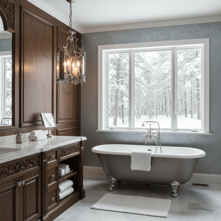 Luxurious bathroom with silver chandelier,  freestanding bathtub, wooden vanity, and large window showing snowy landscape.