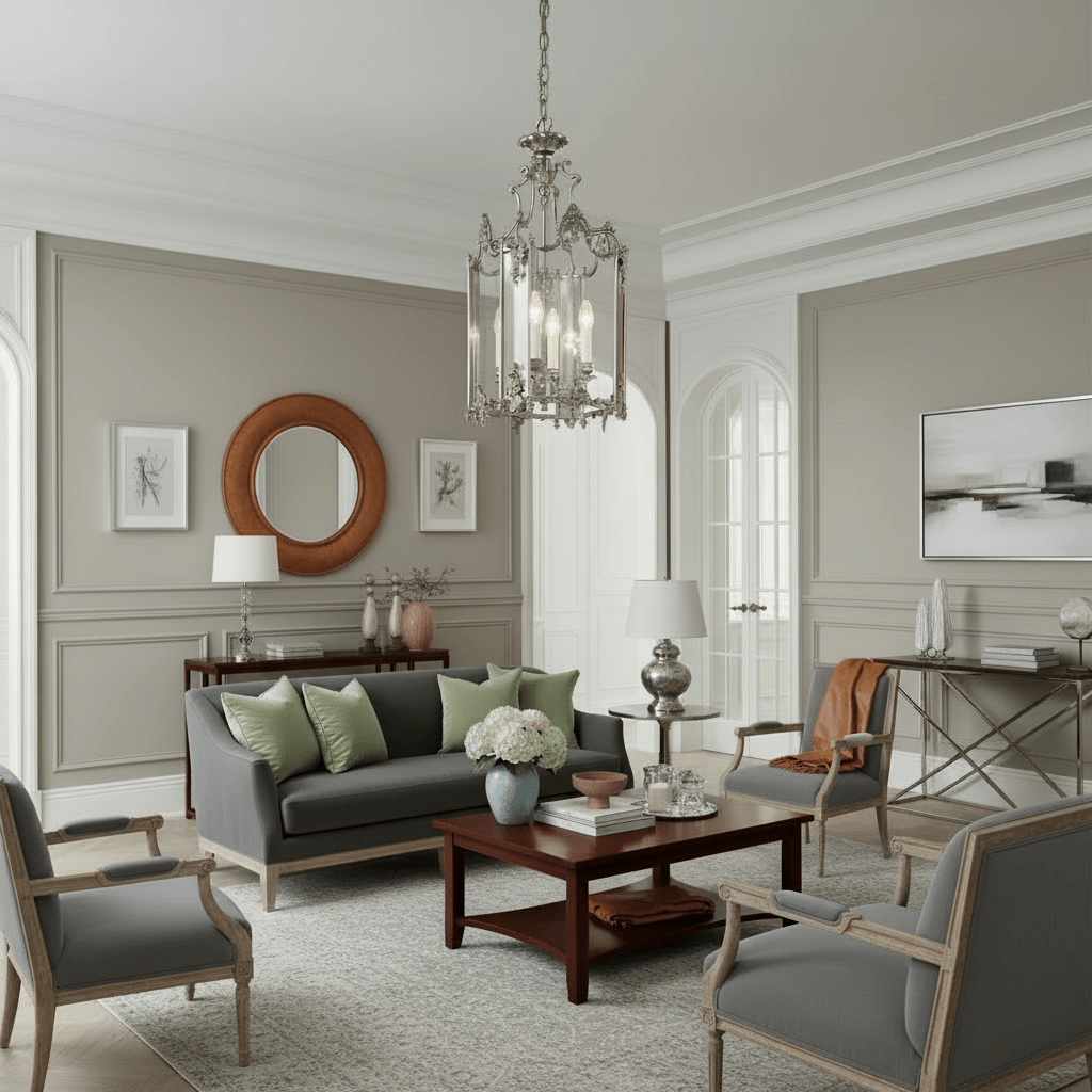 Living room with silver chandelier, gray sofa, wooden coffee table, and decorative elements.
