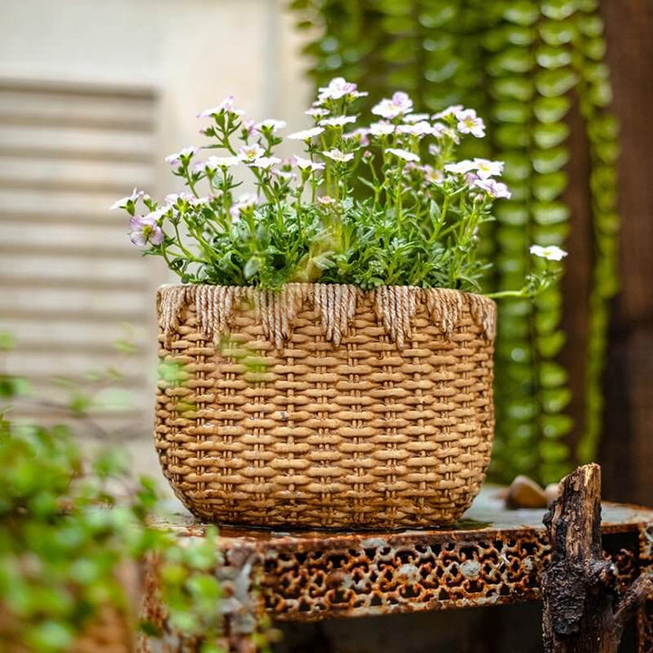 Lady Straw Basket Cement Planter