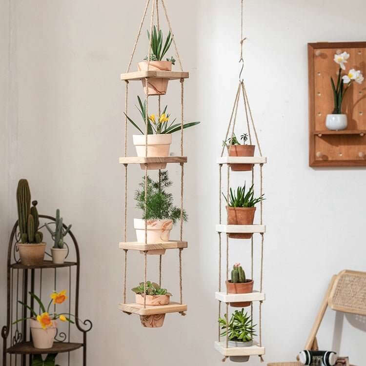 Wooden Rope Hanging Plant Shelf