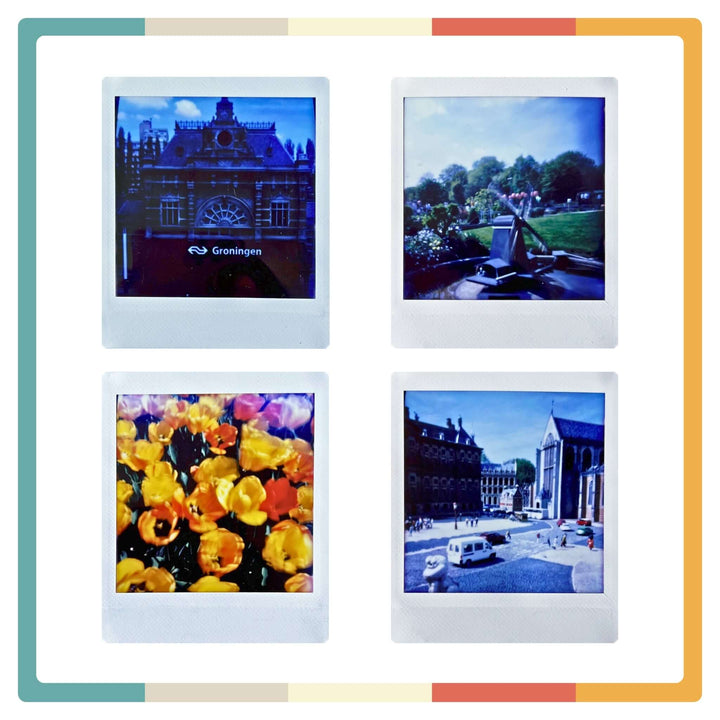 Colorful instant film photos from Pinhole Square Instant Film Camera DIY Kit featuring travel and nature scenes.