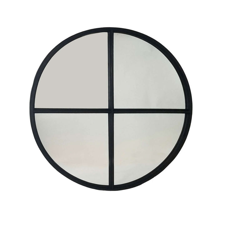 Large round wood wall mirror in black with crossbar design, adding industrial elegance to any room.