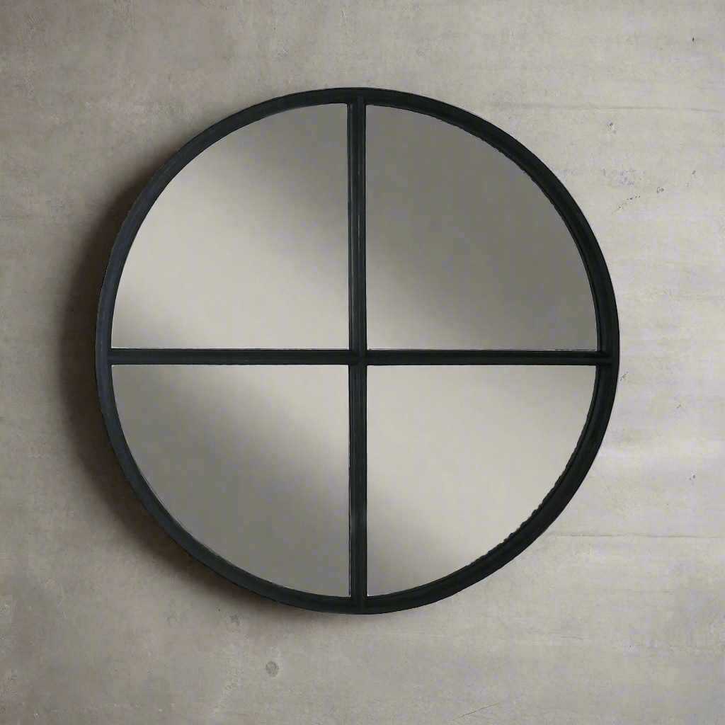 Large round black wood wall mirror with crossbar design, ideal for modern and industrial interiors.