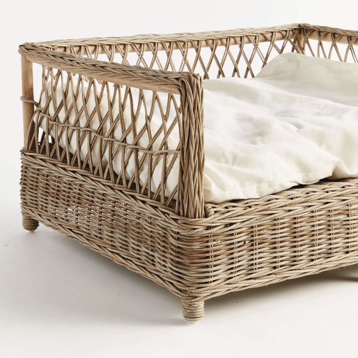 Large Vintage Woven Rattan Dog Bed with Cushion