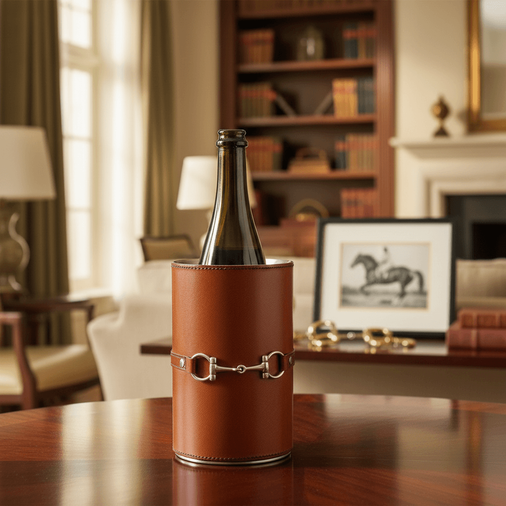 Wine bottle in a leather cooler on a table in a room with bookshelves and a fireplace.