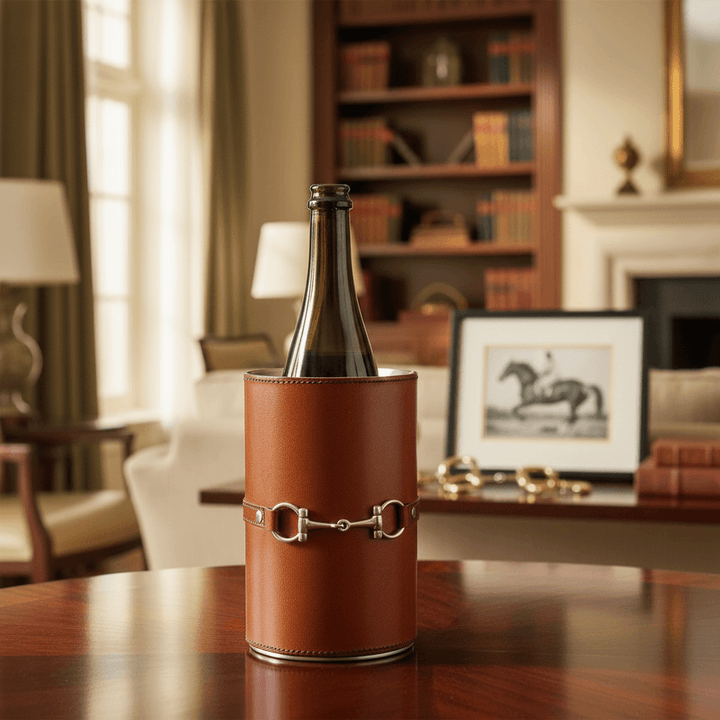 Wine bottle in a leather cooler on a table in a room with bookshelves and a fireplace.