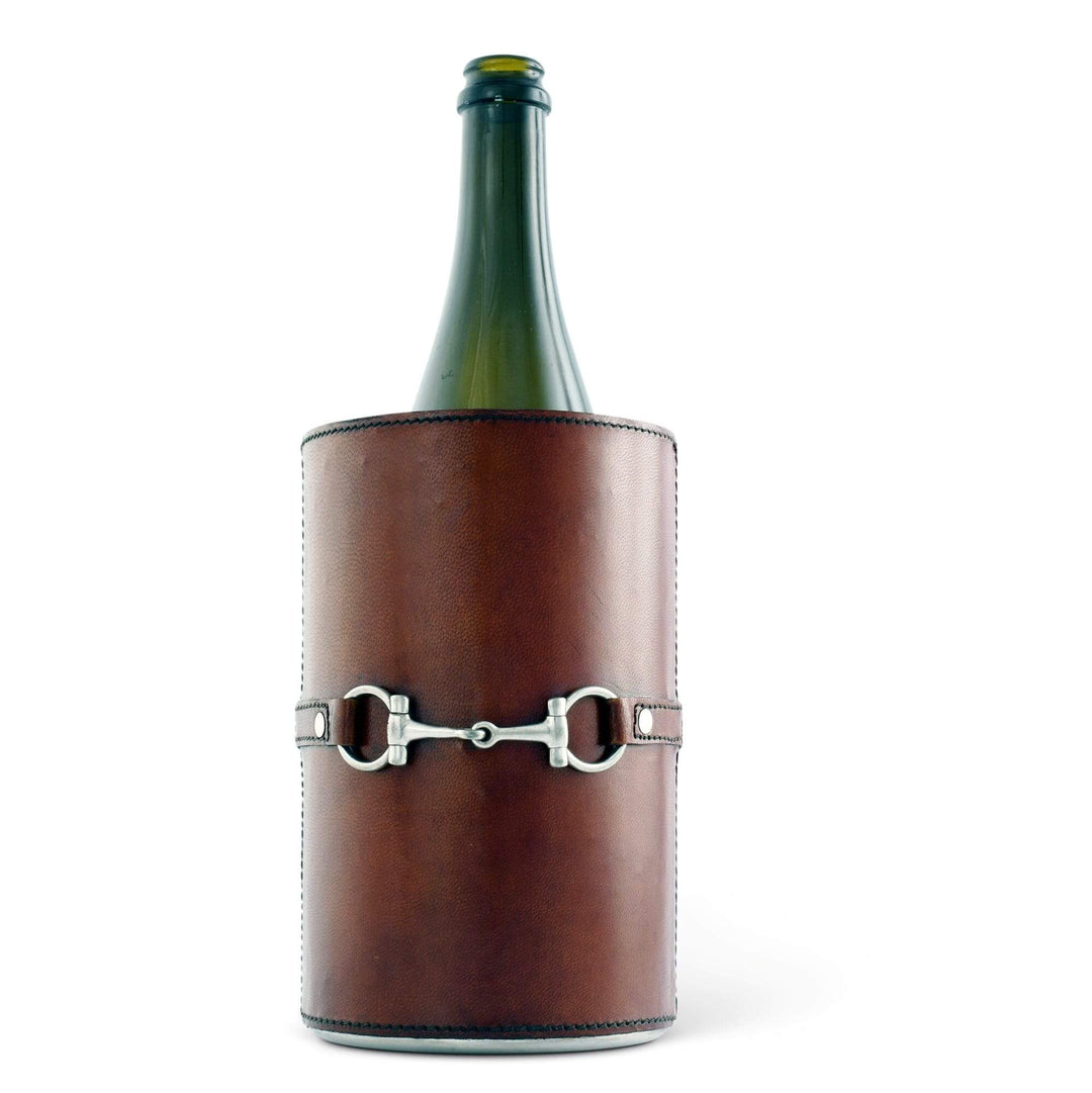 Brown leather wine bottle cooler with silver band on a white background