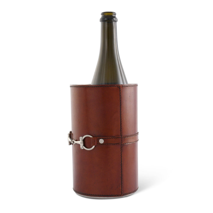 Brown leather wine bottle cooler with a silver clasp on a white background