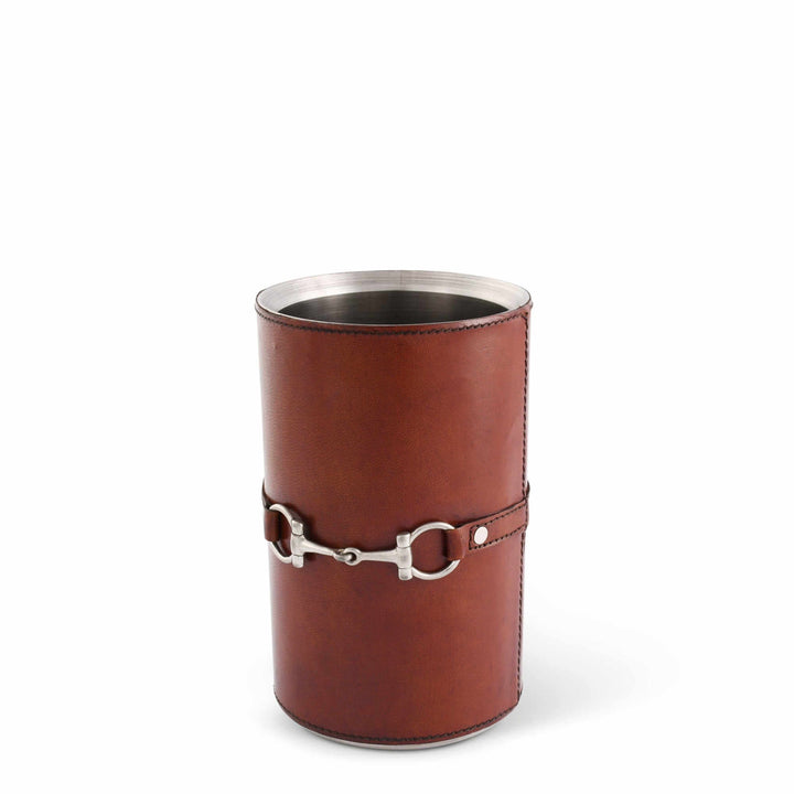 Brown leather wine chiller with silver buckle on a white background