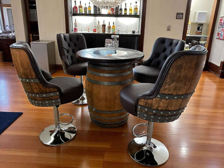 Reclaimed Wine Barrel Bar Set with Adjustable Pub Stools