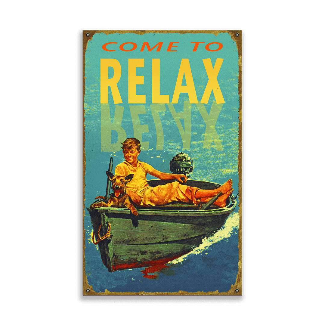 Vintage-style poster with a boy in a boat and text 'COME TO RELAX BEVY' on a blue background.