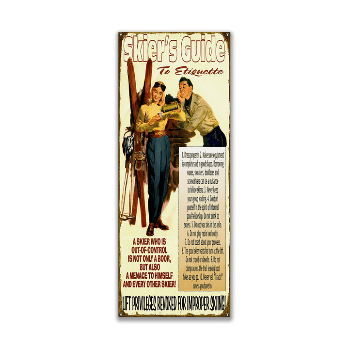 Vintage-style sign titled 'Skier's Guide to Etiquette' with illustration of a couple and text.