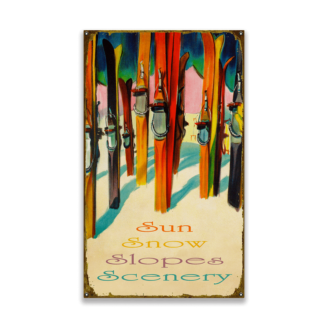 Decorative sign with skis and snow-themed text on a black background