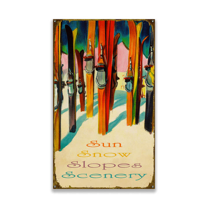 Decorative sign with skis and snow-themed text on a black background