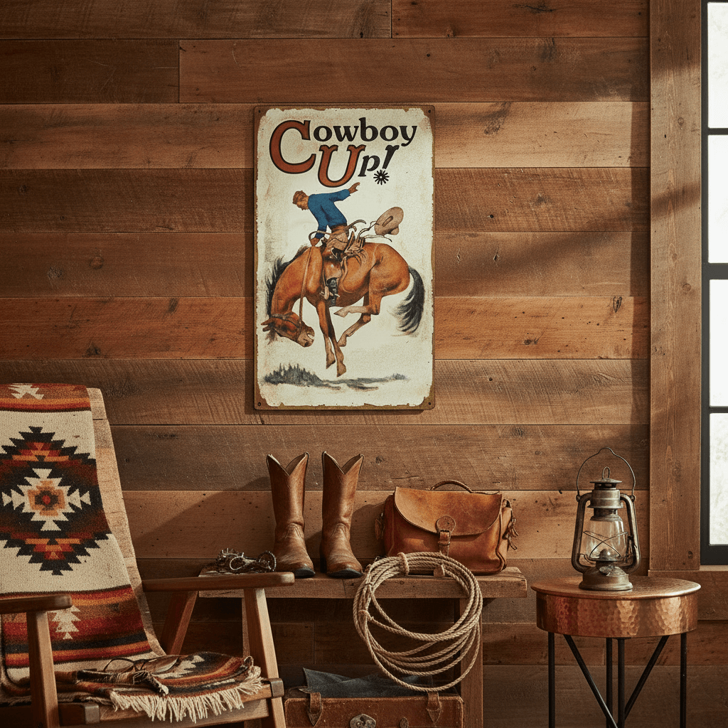 Rustic interior with cowboy-themed decor, including a 'Cowboy Up!' sign, boots, and a lantern on a wooden wall.