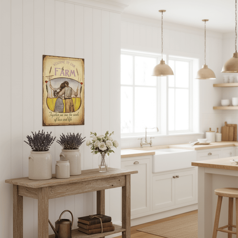 Kitchen interior with a wooden table, lavender plants, and a farmhouse-style poster.