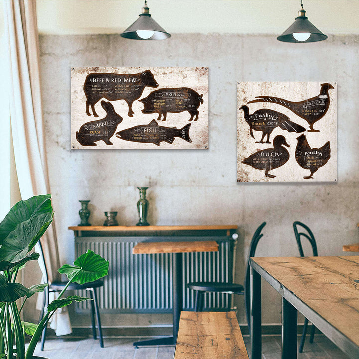 Rustic Farmhouse Meat Cuts and Cooking Guide Wall Art in a cozy kitchen setting with rustic decor.
