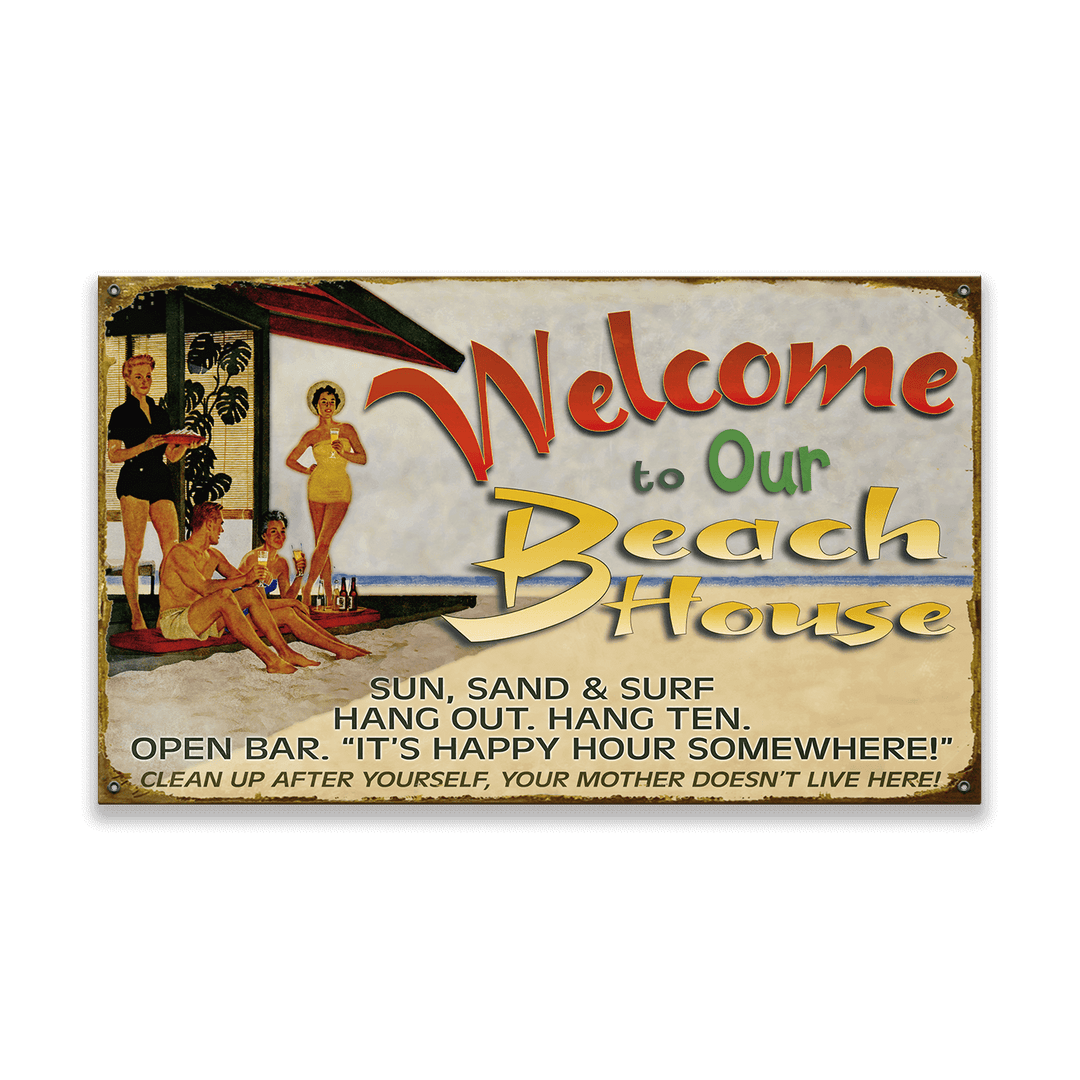 Vintage-style sign with beach-themed text and graphics on a black background