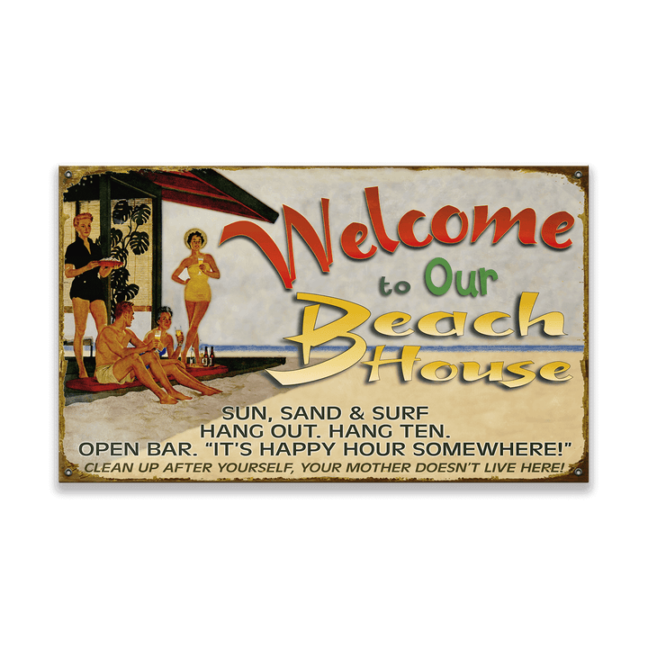 Vintage-style sign with beach-themed text and graphics on a black background