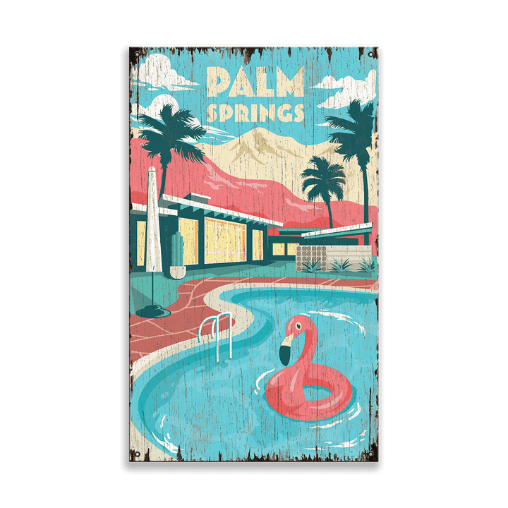 Vintage-style poster of a pool scene with palm trees and 'Palm Springs' text.