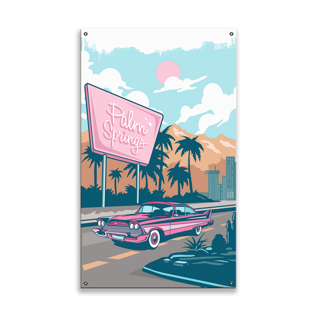 Illustration of a pink car and Palm Springs sign with palm trees and mountains in the background.