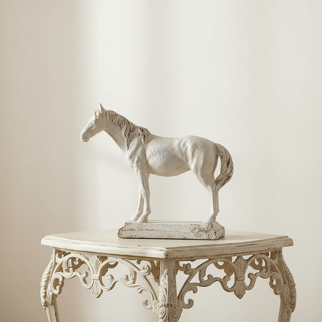 Decorative horse statue on an ornate table against a plain background