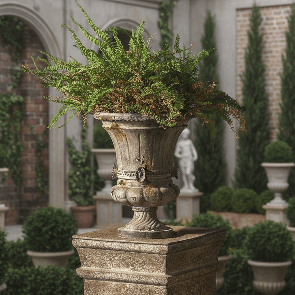 Decorative urn with green ferns on a pedestal in an outdoor setting with brick walls and statues.