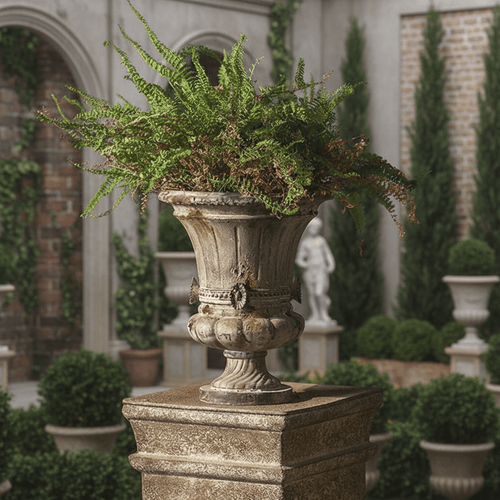 Decorative urn with green ferns on a pedestal in an outdoor setting with brick walls and statues.