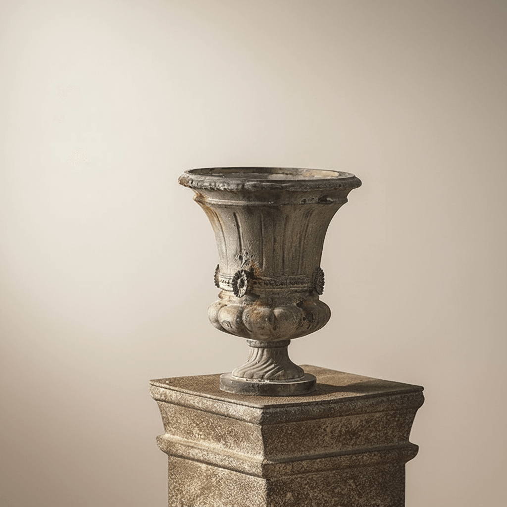 Decorative stone urn on a pedestal against a beige background