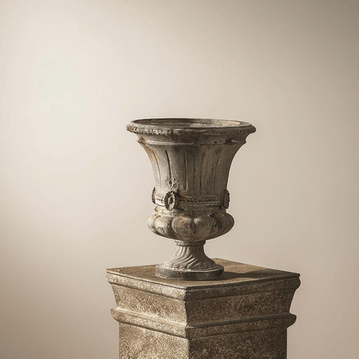 Decorative stone urn on a pedestal against a beige background