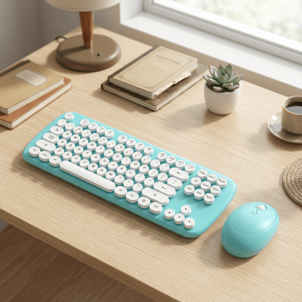 Blue-turquoise MOFii wireless keyboard with white round keys and matching mouse in a light wood workspace.