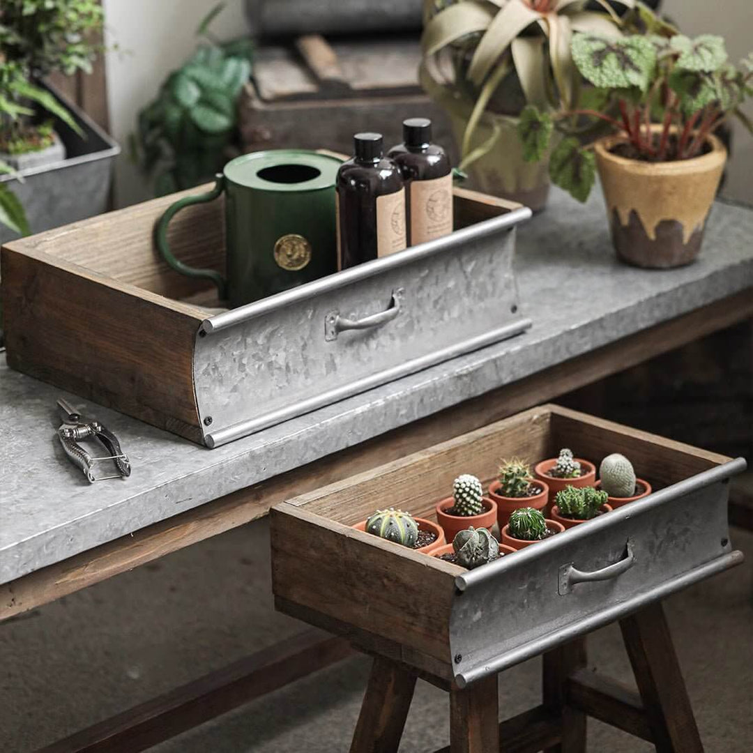 Rustic Wood and Metal Garden Tray Planter