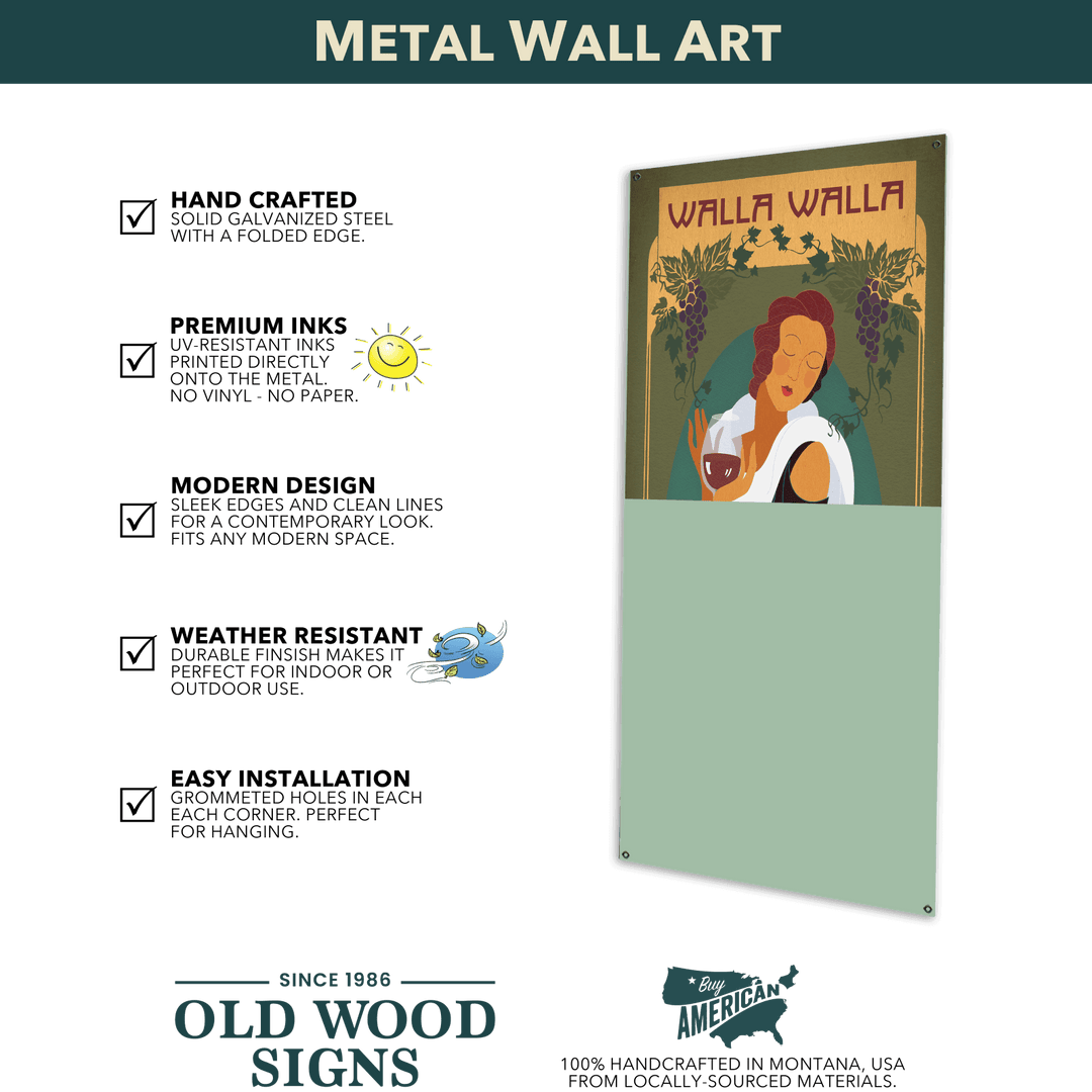 Metal wall art with a woman holding grapes and a wine glass, labeled 'Walla Walla', on a black background with 'Old Wood Signs' branding.