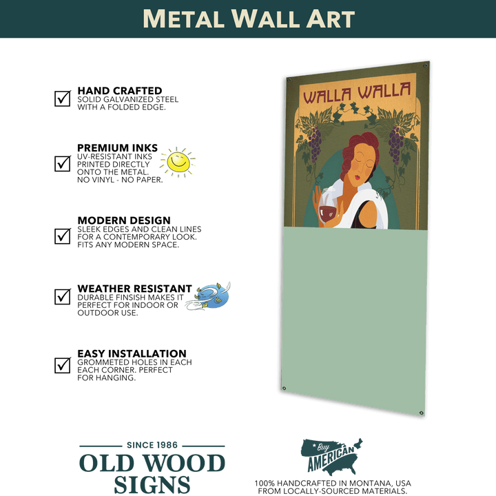 Metal wall art with a woman holding grapes and a wine glass, labeled 'Walla Walla', on a black background with 'Old Wood Signs' branding.