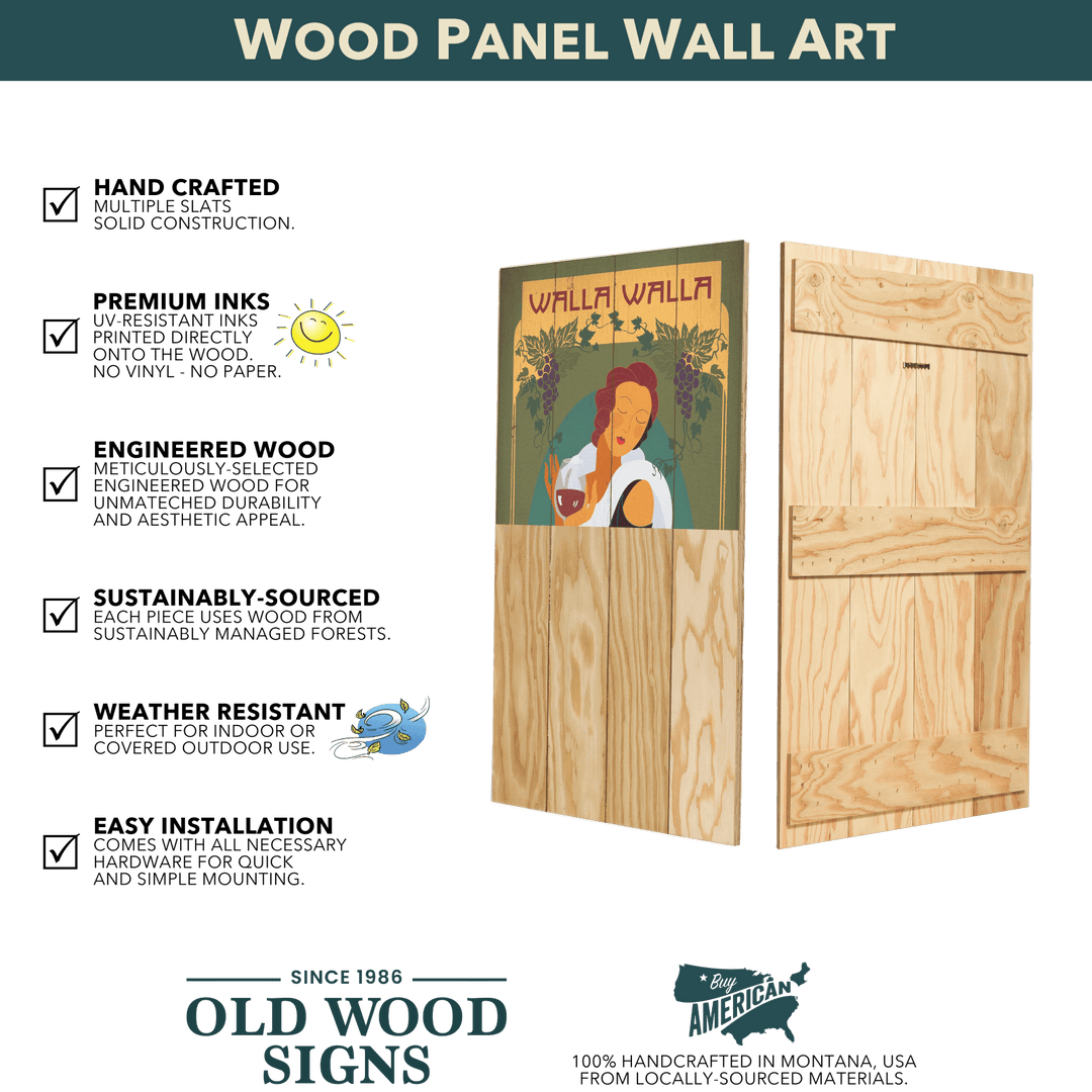 Wood panel wall art with a colorful illustration and 'Walla Walla' text, featuring Old Wood Signs branding.