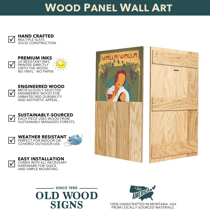 Wood panel wall art with a decorative sign featuring a woman and grapes, branded 'Old Wood Signs'.