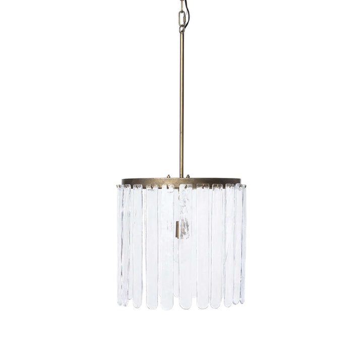 Chandelier with clear glass elements and brass finish on a white background