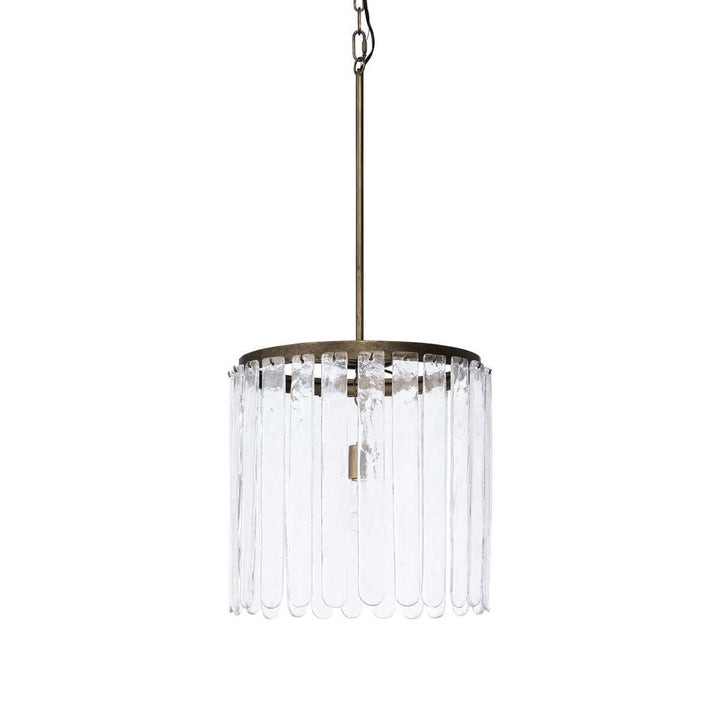 Chandelier with clear glass elements and bronze finish on a white background