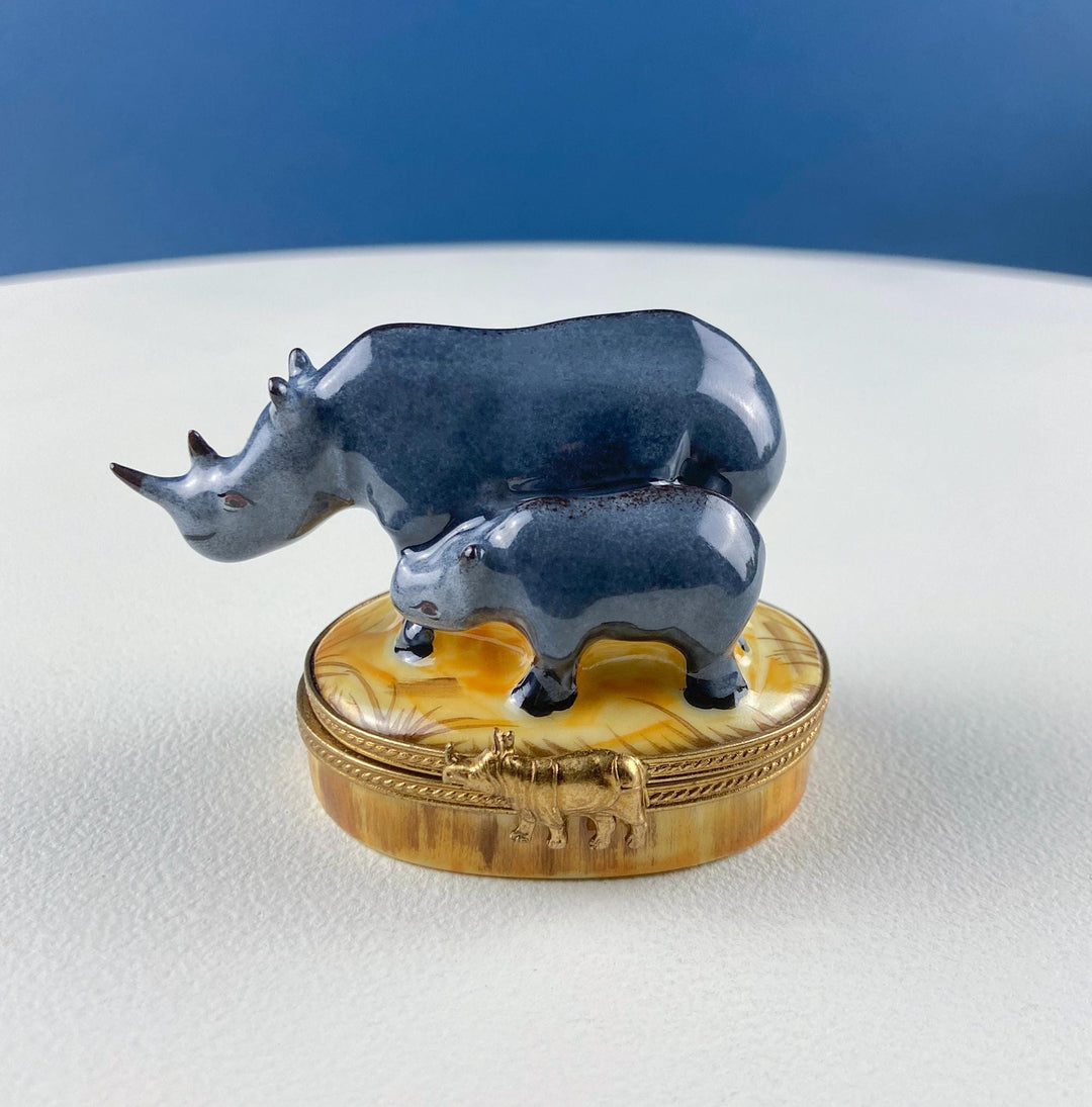Mom and Baby Rhinos Vintage Retired Limoges Miniature Box. Collectible Porcelain & Brass Trinket Ring Pill Box. African Safari Design.