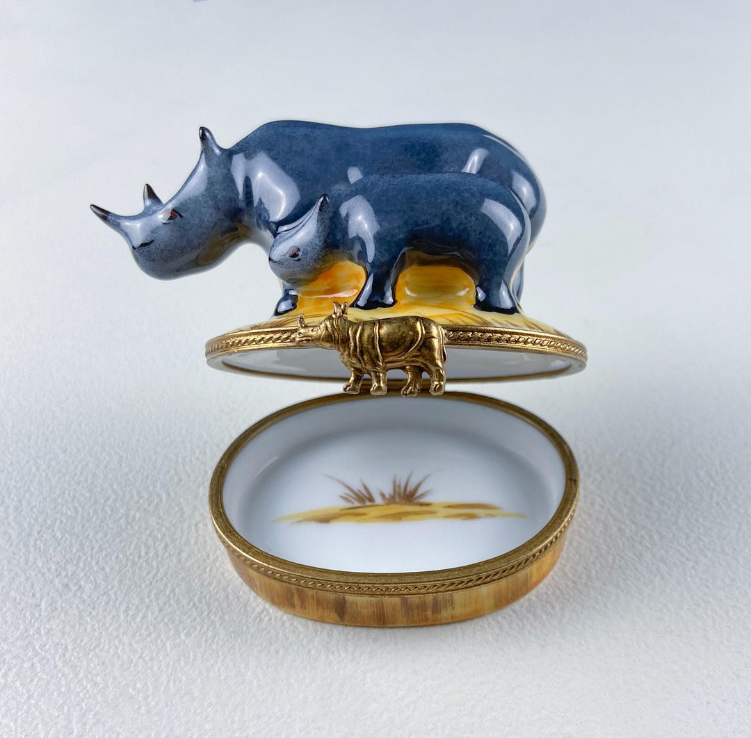 Mom and Baby Rhinos Vintage Retired Limoges Miniature Box. Collectible Porcelain & Brass Trinket Ring Pill Box. African Safari Design.