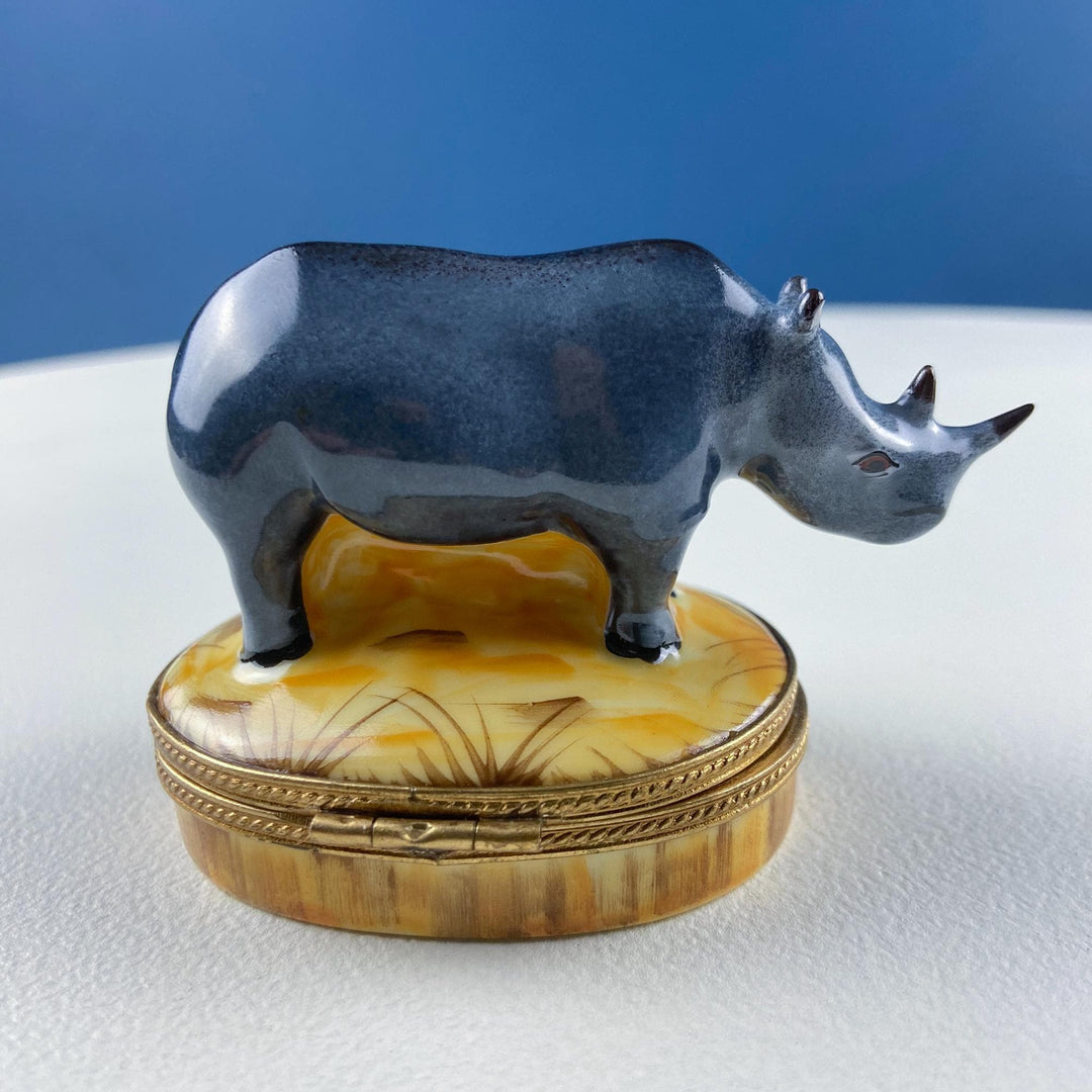 Mom and Baby Rhinos Vintage Retired Limoges Miniature Box. Collectible Porcelain & Brass Trinket Ring Pill Box. African Safari Design.