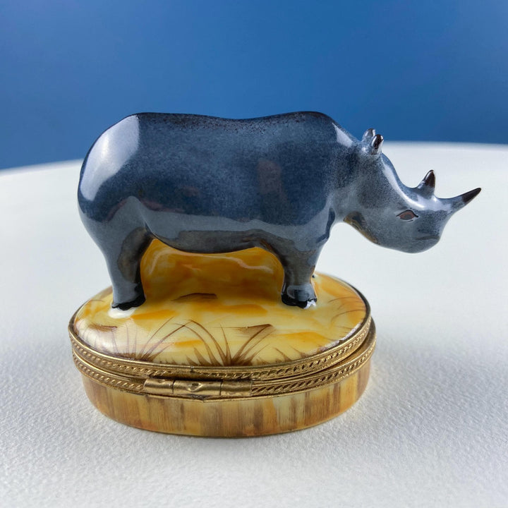 Mom and Baby Rhinos Vintage Retired Limoges Miniature Box. Collectible Porcelain & Brass Trinket Ring Pill Box. African Safari Design.